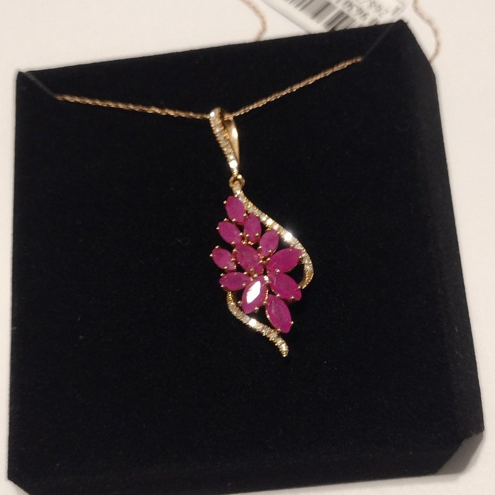 Ruby & Diamond Flower Cluster 18" Necklace in 14k Gold